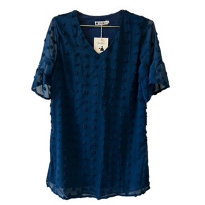 Free Style Chenille Blue Size Medium Dress Short Sleeve V-Neck Shift NEW